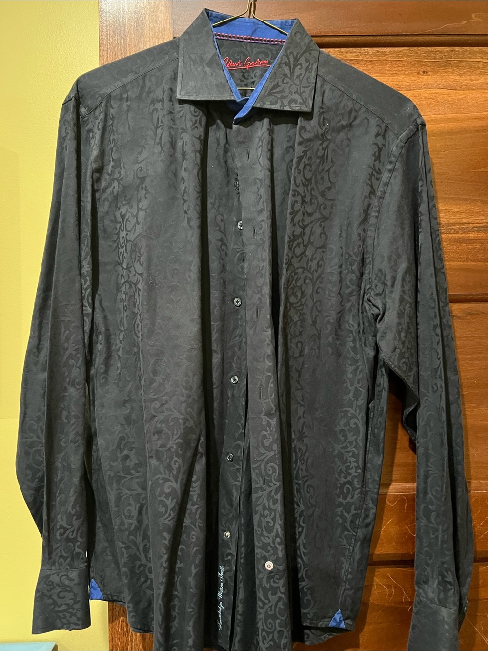 Robert Graham Black Jacquard Long-Sleeve Dress Shirt with Blue Trim